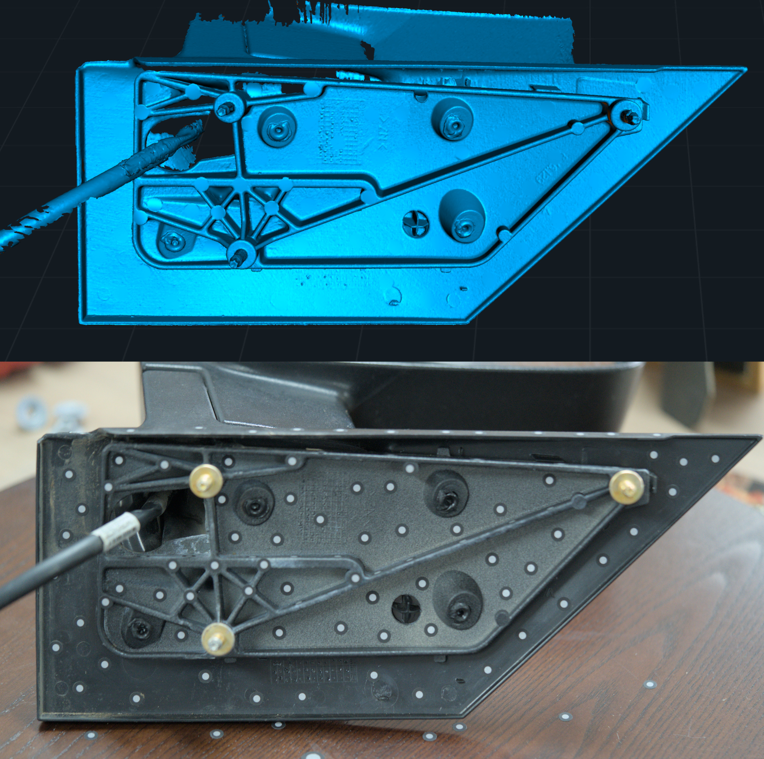 Image comparing physical component (bottom) to 3D Scan (top)